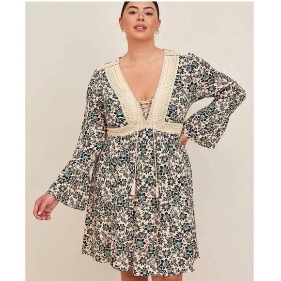 Torrid Blue Beige Floral Crochet Lace Up Skater Dress Sz 1x NWT Cottage Boho - Picture 1 of 9